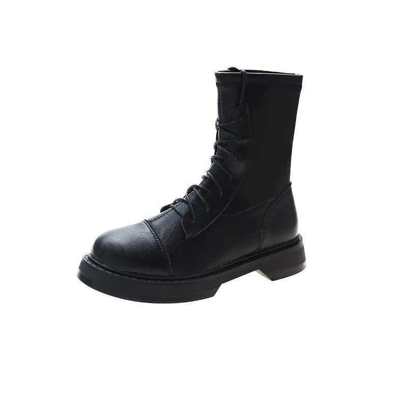 Chicvane Womens PU Lace Up Martin Boots Low Heel Mid Calf Boots