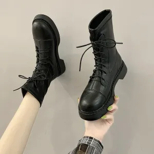 Chicvane Womens PU Lace Up Martin Boots Low Heel Mid Calf Boots