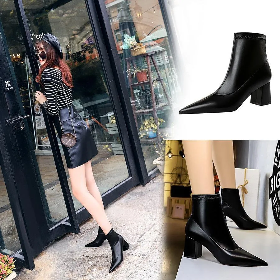 Chicvane Womens PU Pointed Toe Chunky Heel Ankle Boots