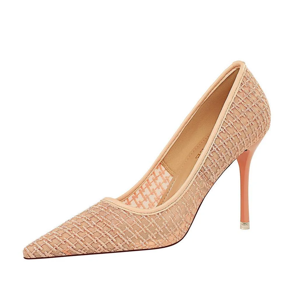Chicvane Women's Solid Lace Mesh Stiletto Heels Pointed Toe Pump Shoes