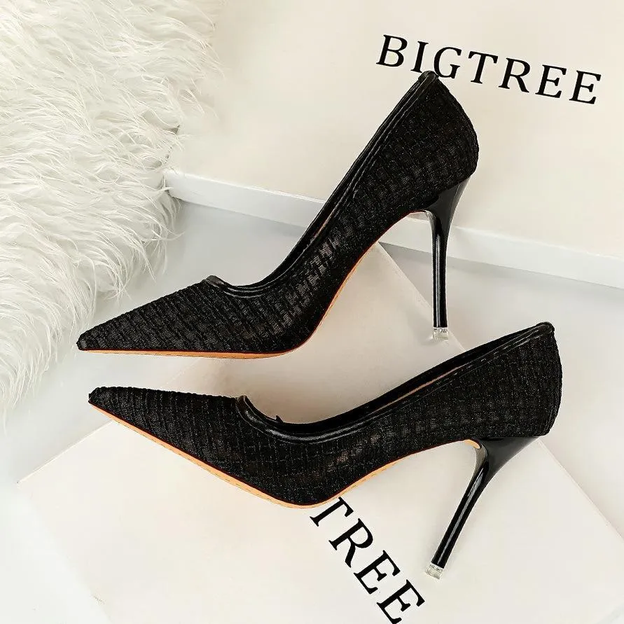 Chicvane Women's Solid Lace Mesh Stiletto Heels Pointed Toe Pump Shoes