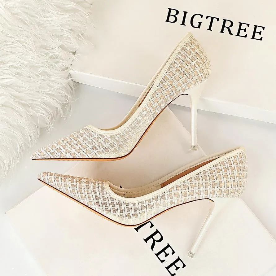 Chicvane Women's Solid Lace Mesh Stiletto Heels Pointed Toe Pump Shoes