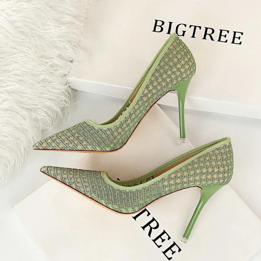 Chicvane Women's Solid Lace Mesh Stiletto Heels Pointed Toe Pump Shoes