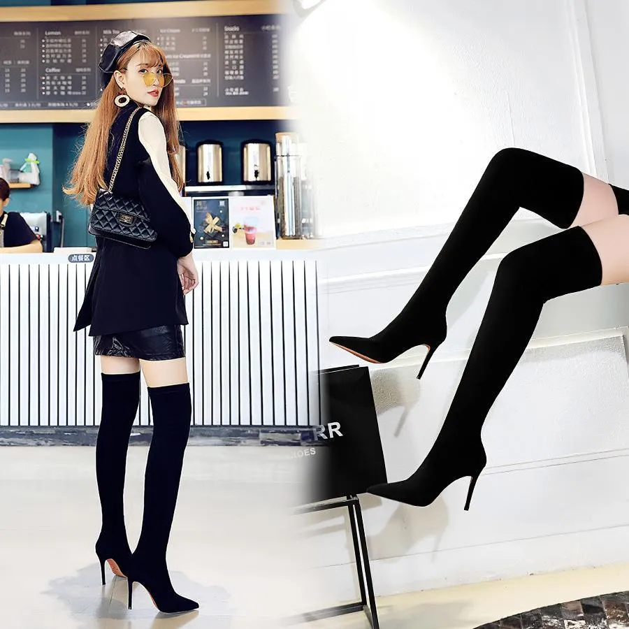 Chicvane Womens Stretch Pointed Toe Stiletto Heel Over The Knee Boots