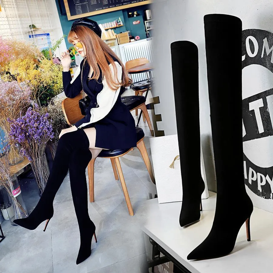 Chicvane Womens Stretch Pointed Toe Stiletto Heel Over The Knee Boots