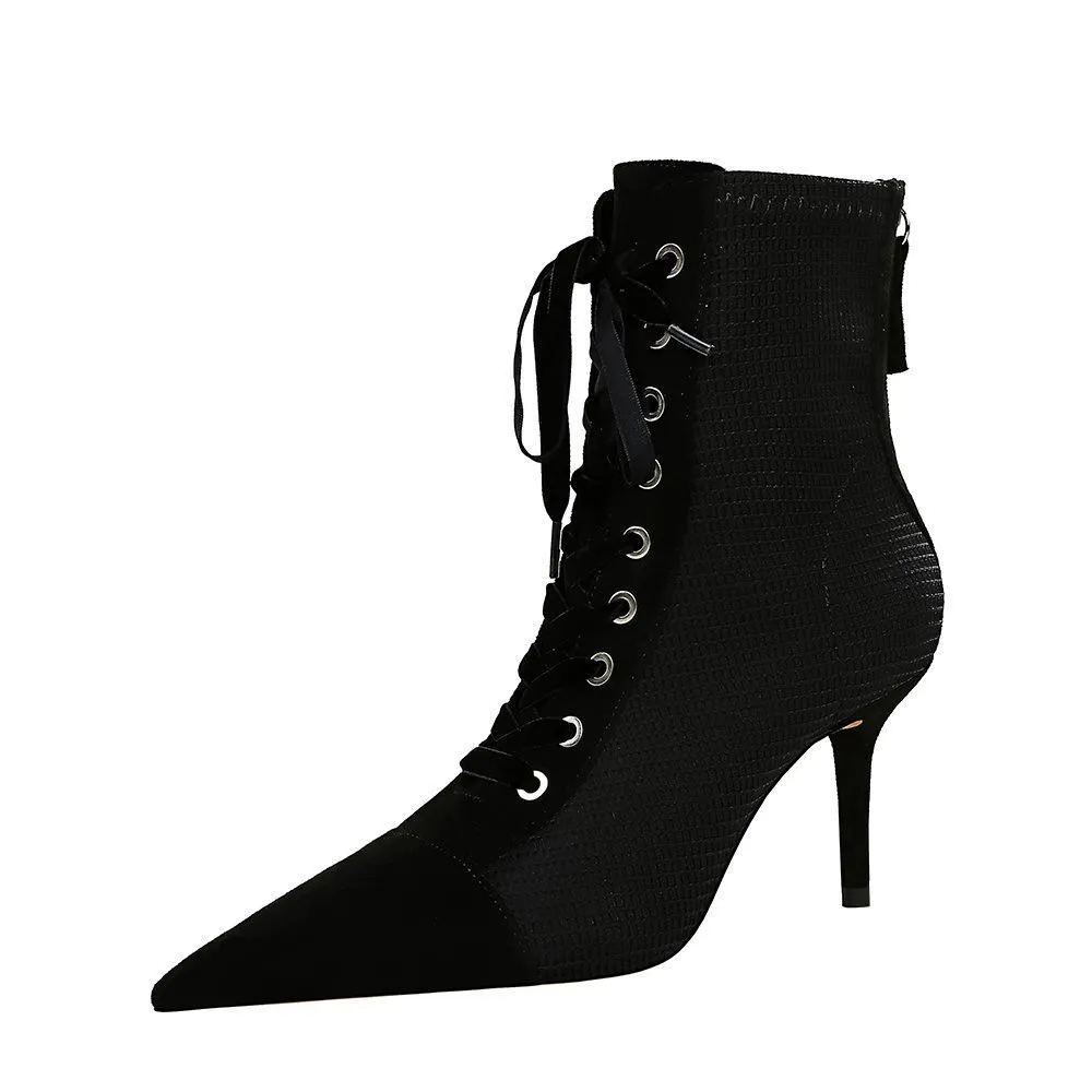 Chicvane Womens Suede Lace Up Pointed Toe Stiletto Mid Calf Boots