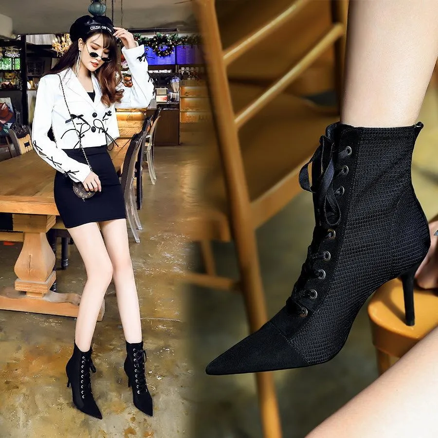Chicvane Womens Suede Lace Up Pointed Toe Stiletto Mid Calf Boots
