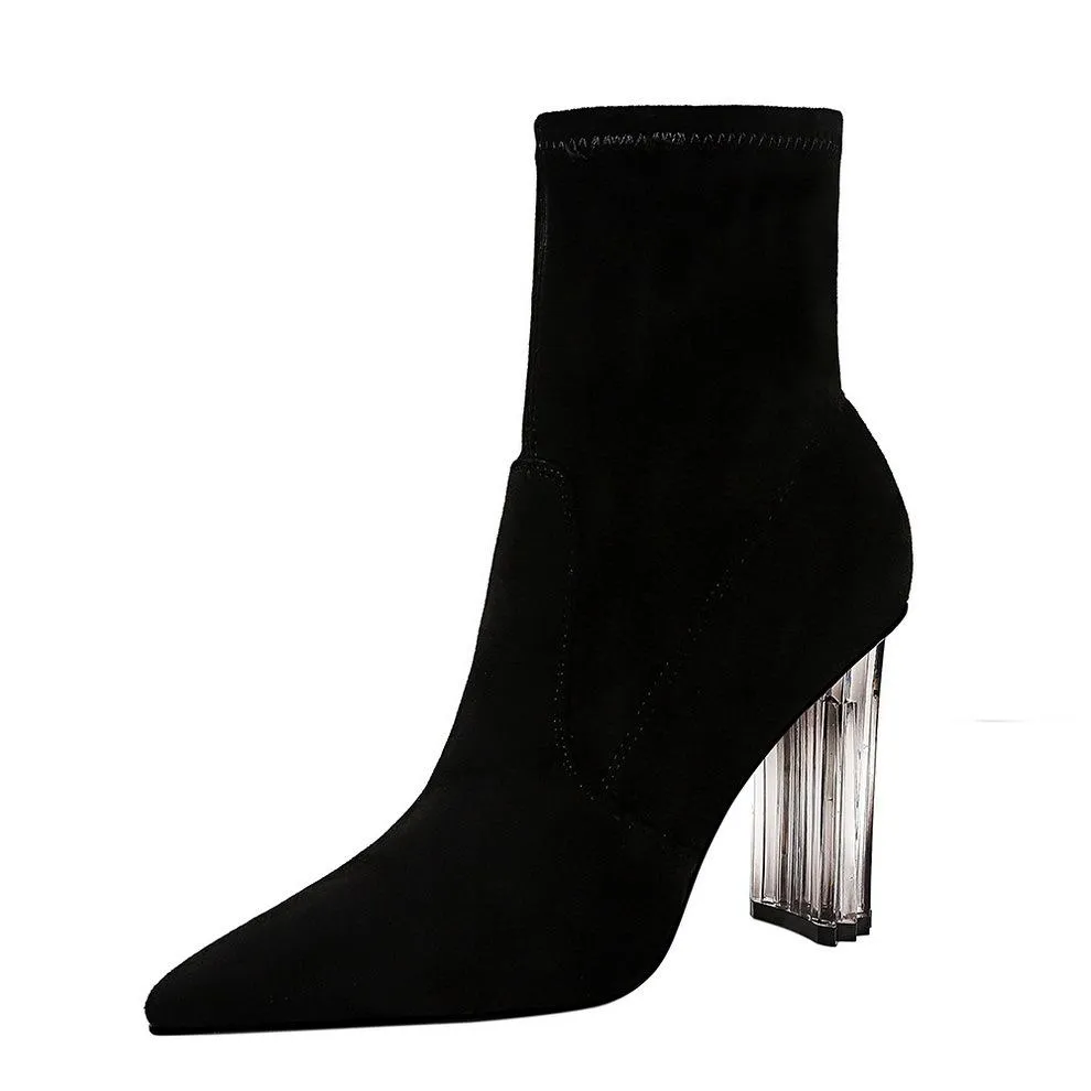 Chicvane Womens Suede Pointed Toe Crystal Chunky Heel Mid Calf Boots