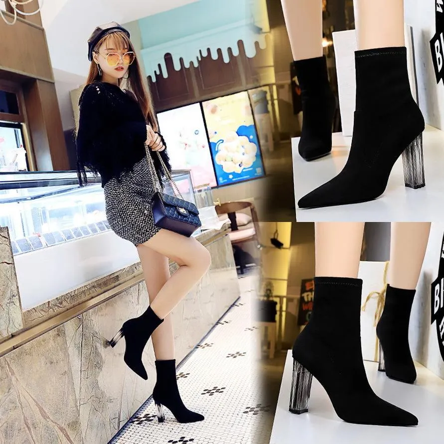 Chicvane Womens Suede Pointed Toe Crystal Chunky Heel Mid Calf Boots