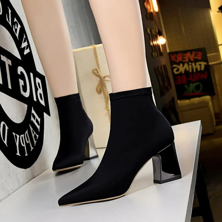 Chicvane Womens Suede Pointed Toe Metal Chunky Heel Ankle Boots