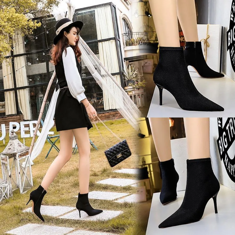 Chicvane Womens Woolen Yarn Pointed Toe Stiletto Heel Ankle Boots