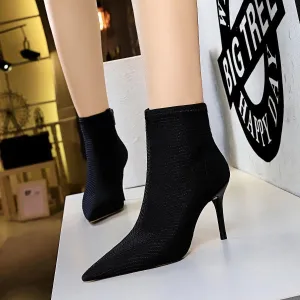 Chicvane Womens Woolen Yarn Pointed Toe Stiletto Heel Ankle Boots