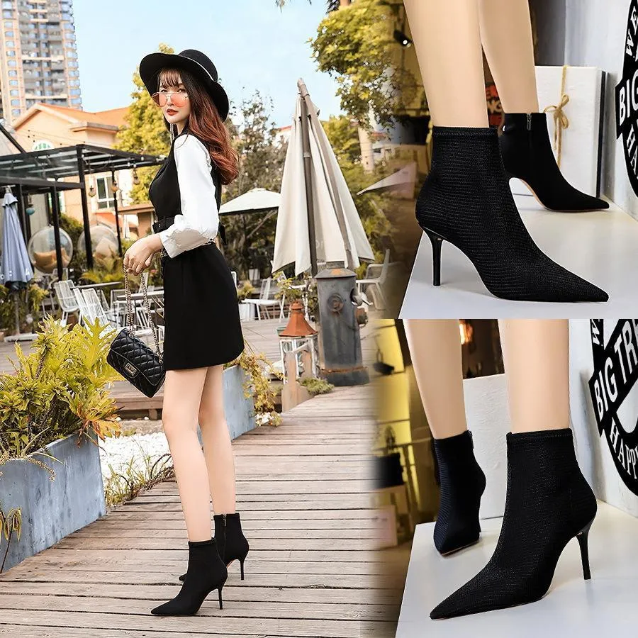 Chicvane Womens Woolen Yarn Pointed Toe Stiletto Heel Ankle Boots