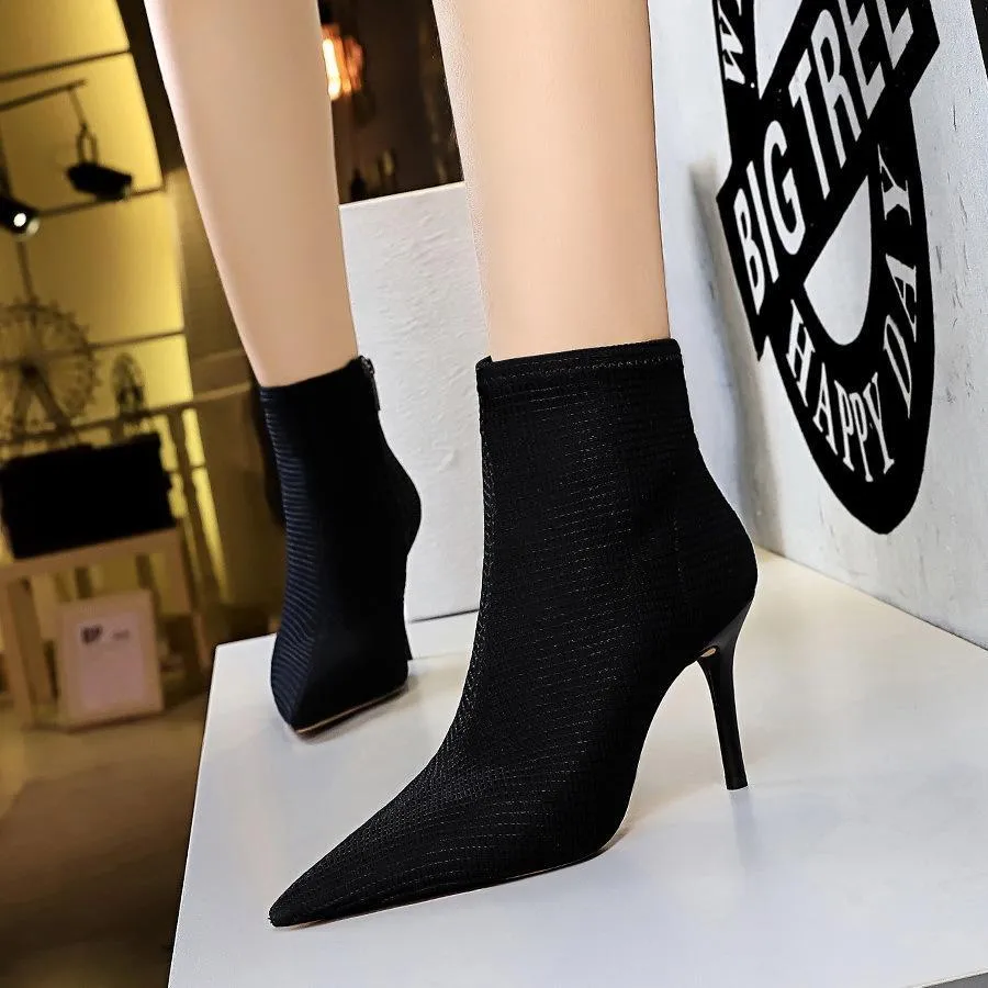 Chicvane Womens Woolen Yarn Pointed Toe Stiletto Heel Ankle Boots