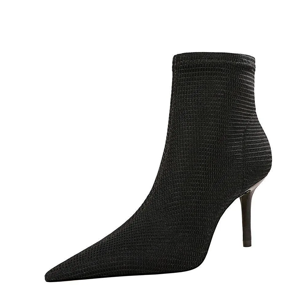 Chicvane Womens Woolen Yarn Pointed Toe Stiletto Heel Ankle Boots