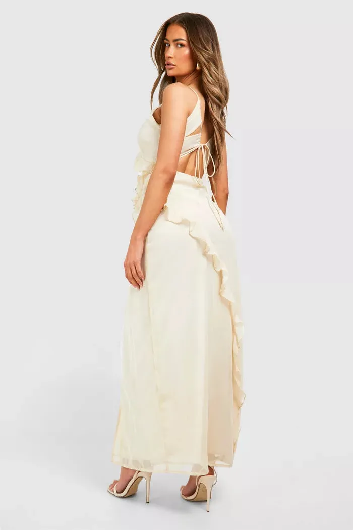 Chiffon ruffle maxi dress in nude