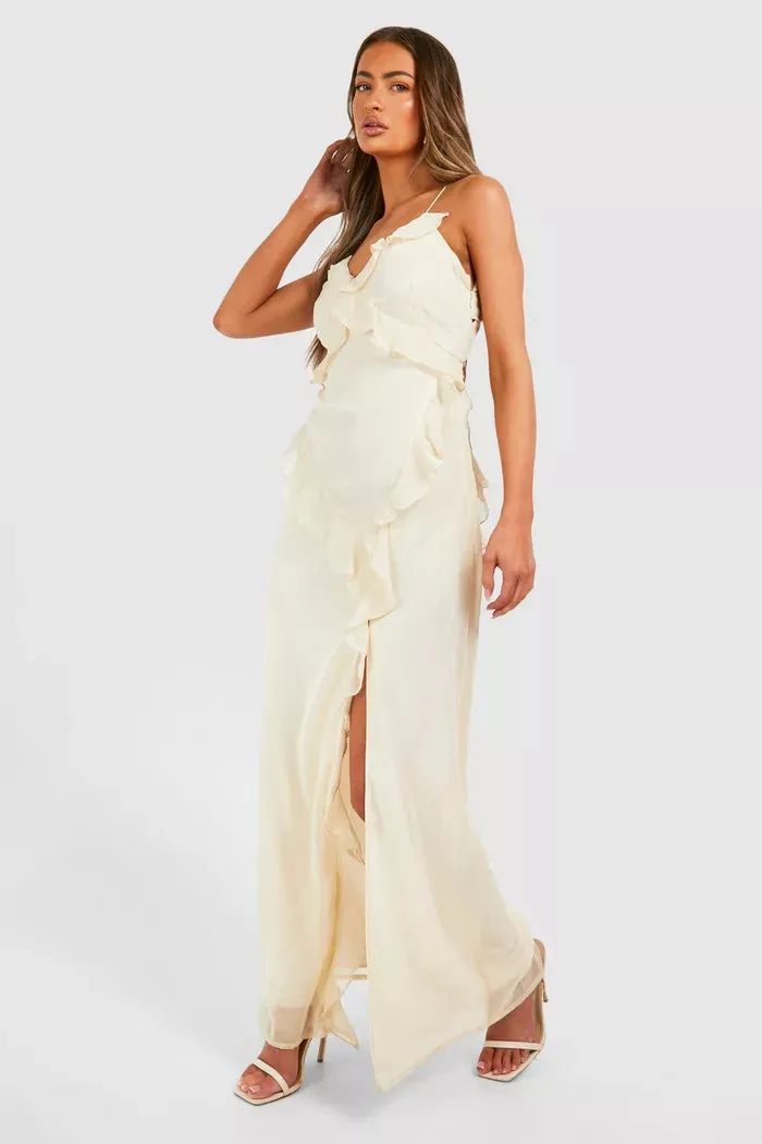 Chiffon ruffle maxi dress in nude