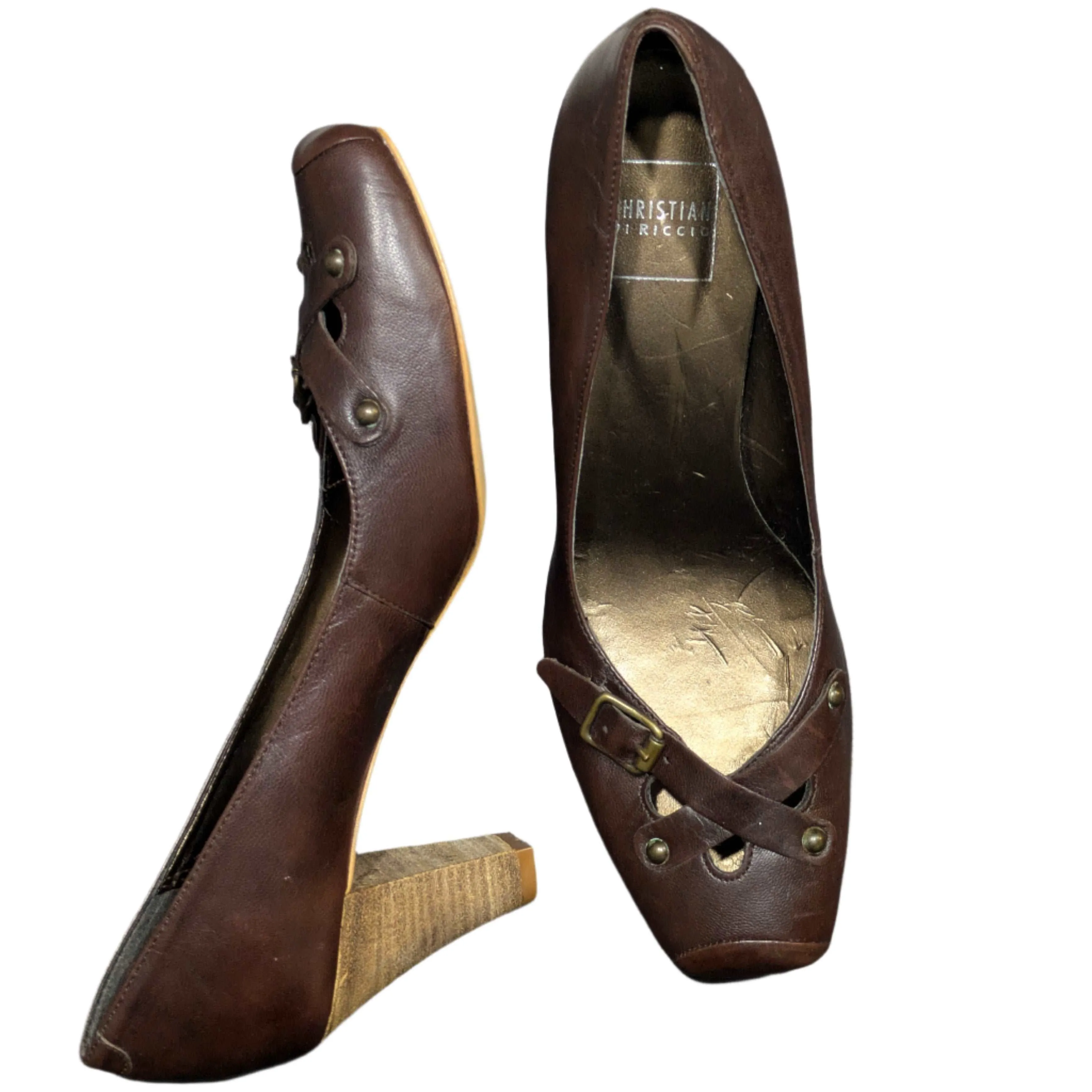 Christian di Riccio Brown Leather Block Heel Pumps Size UK 6 / EU 39 / US 9