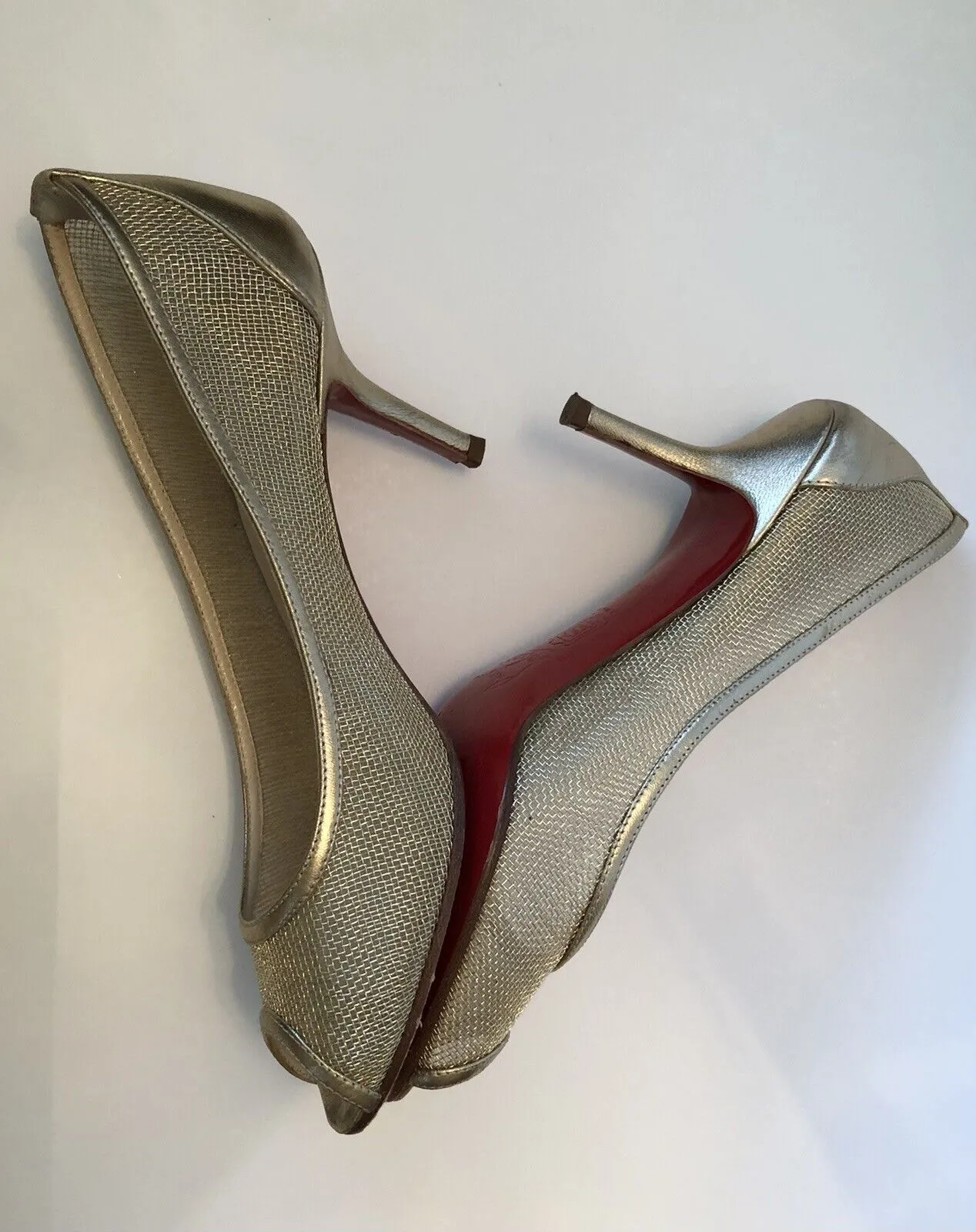 CHRISTIAN LOUBOUTIN MESH & LEATHER PEEP TOE PUMPS