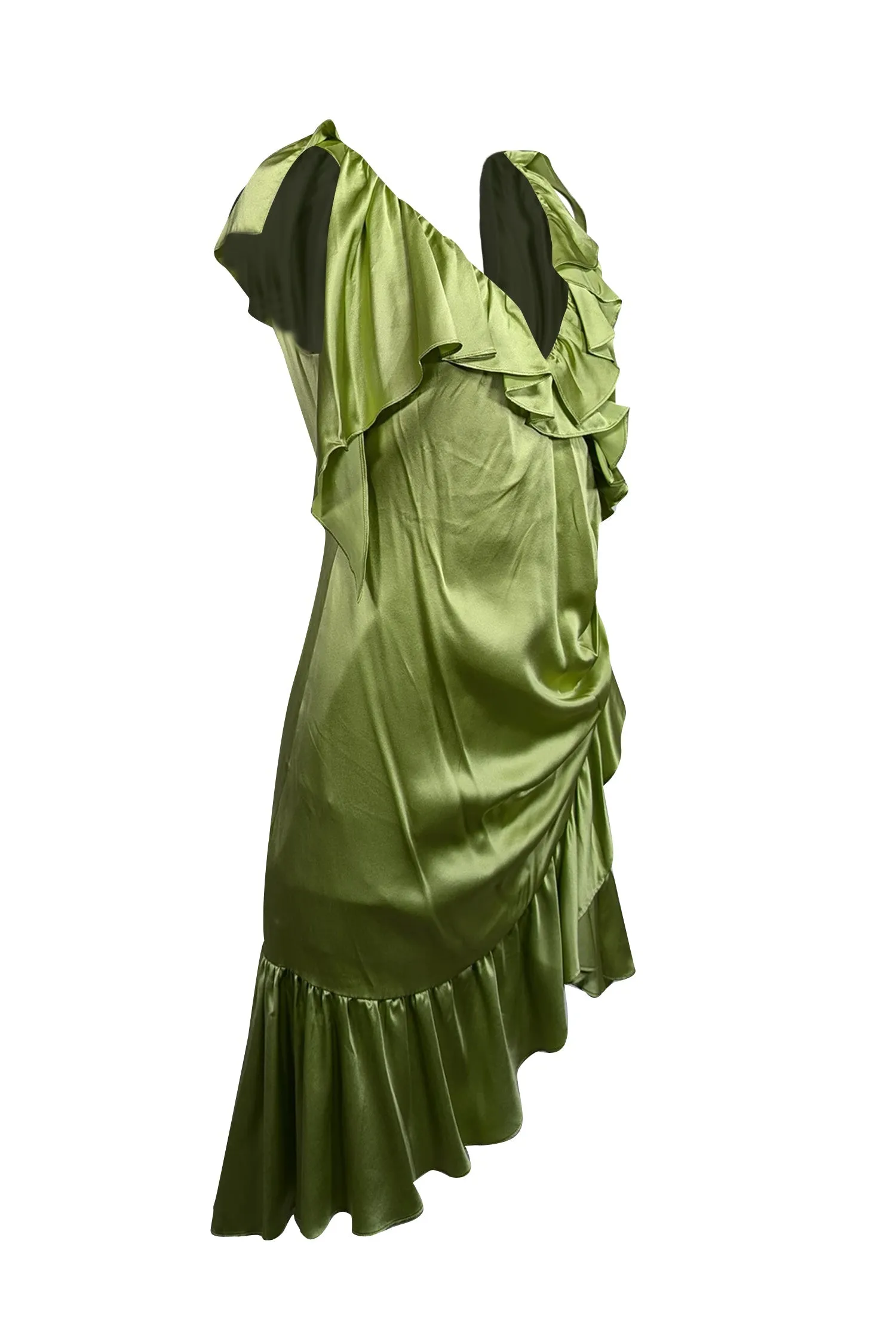 Cinq a Sept - Green Satin Sleeveless Ruffled Dress Sz 6