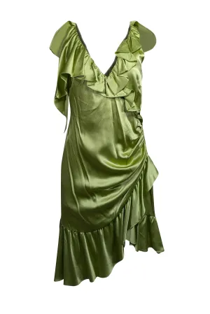 Cinq a Sept - Green Satin Sleeveless Ruffled Dress Sz 6