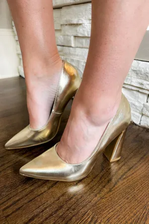 Classic Pointed Toe Block Heel in Gold