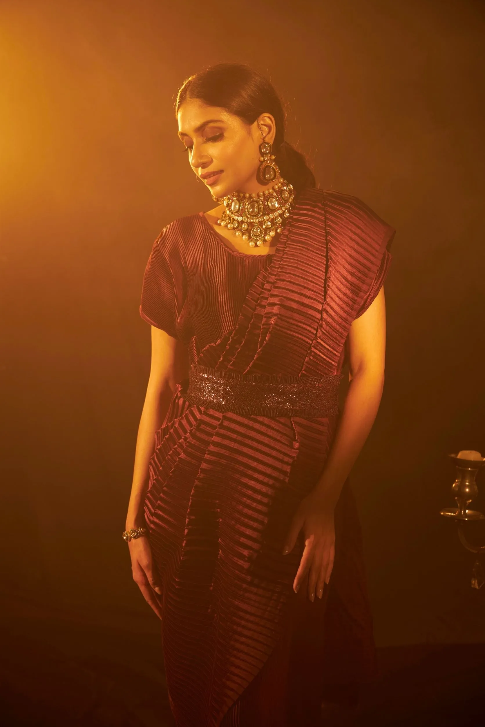 Classy Pleated Gown Saree with Belt - Wine