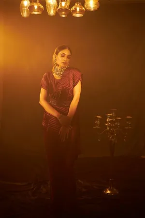 Classy Pleated Gown Saree with Belt - Wine