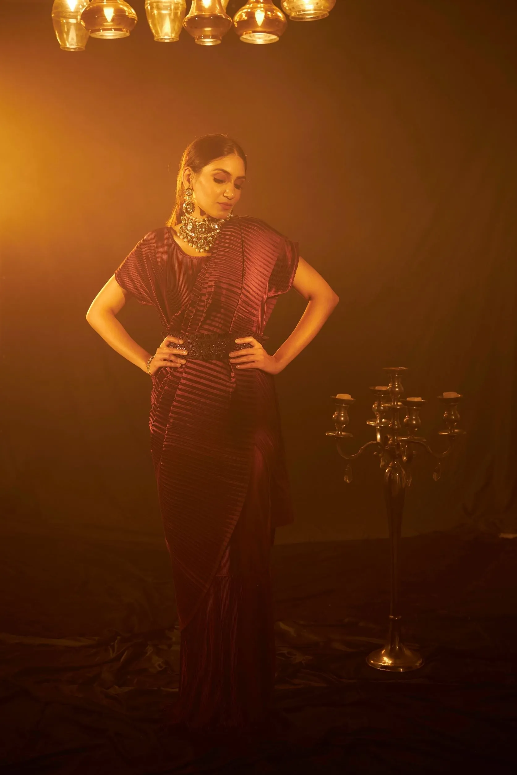 Classy Pleated Gown Saree with Belt - Wine