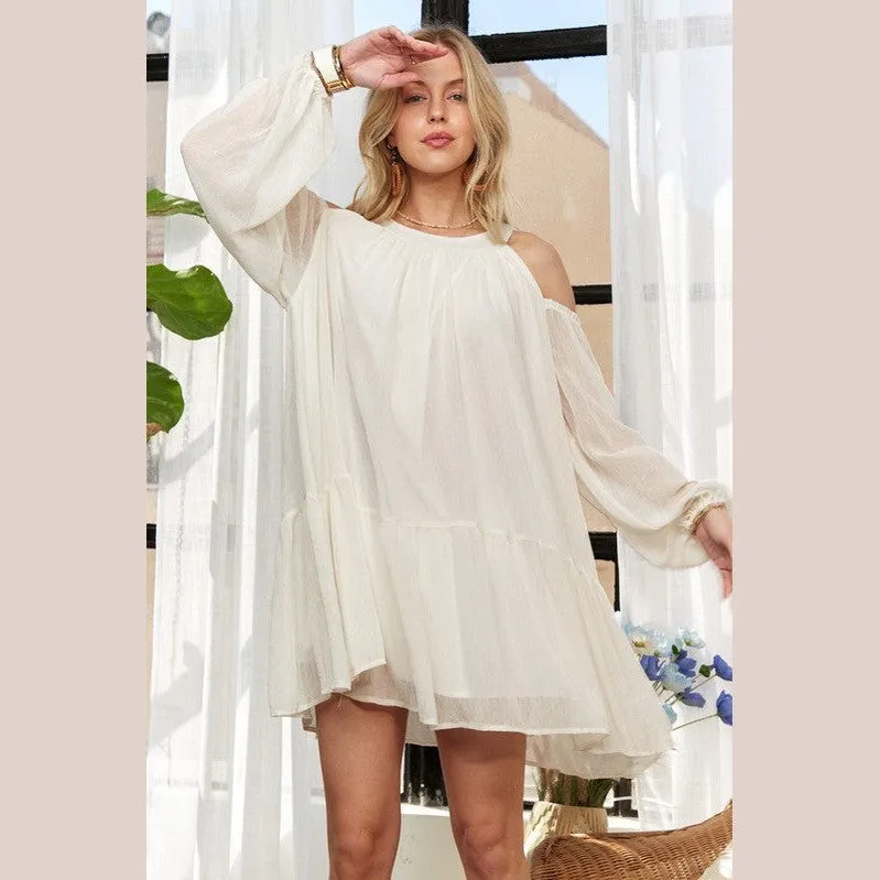 Cold Shoulder Balloon Sleeve Mini Dress