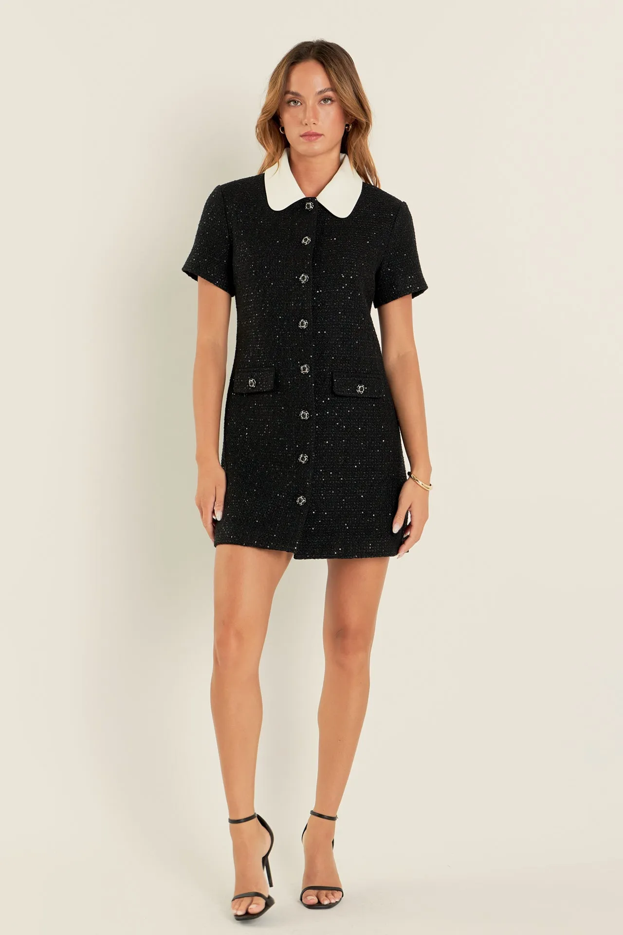 Collar Pointed Tweed Mini Dress