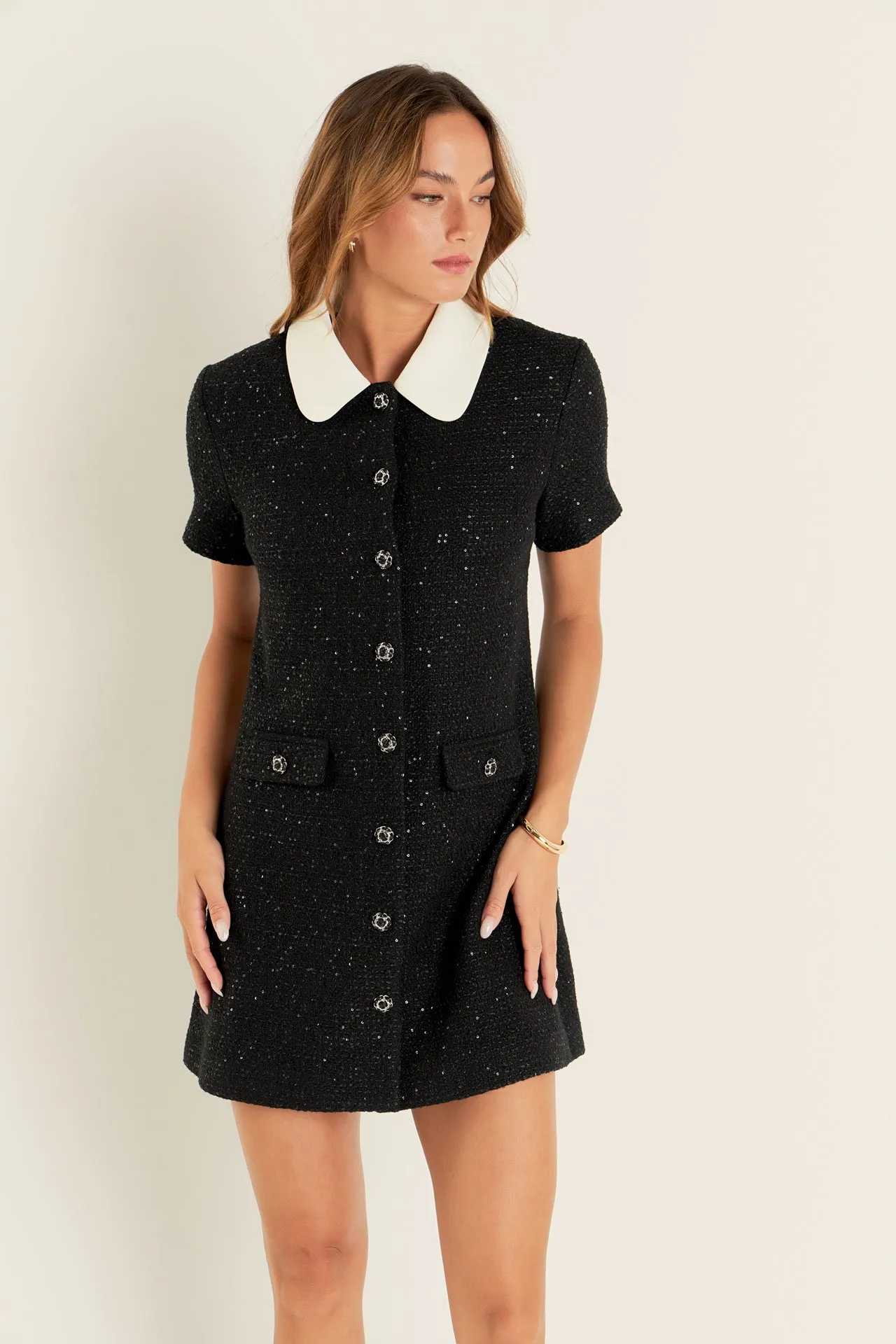 Collar Pointed Tweed Mini Dress