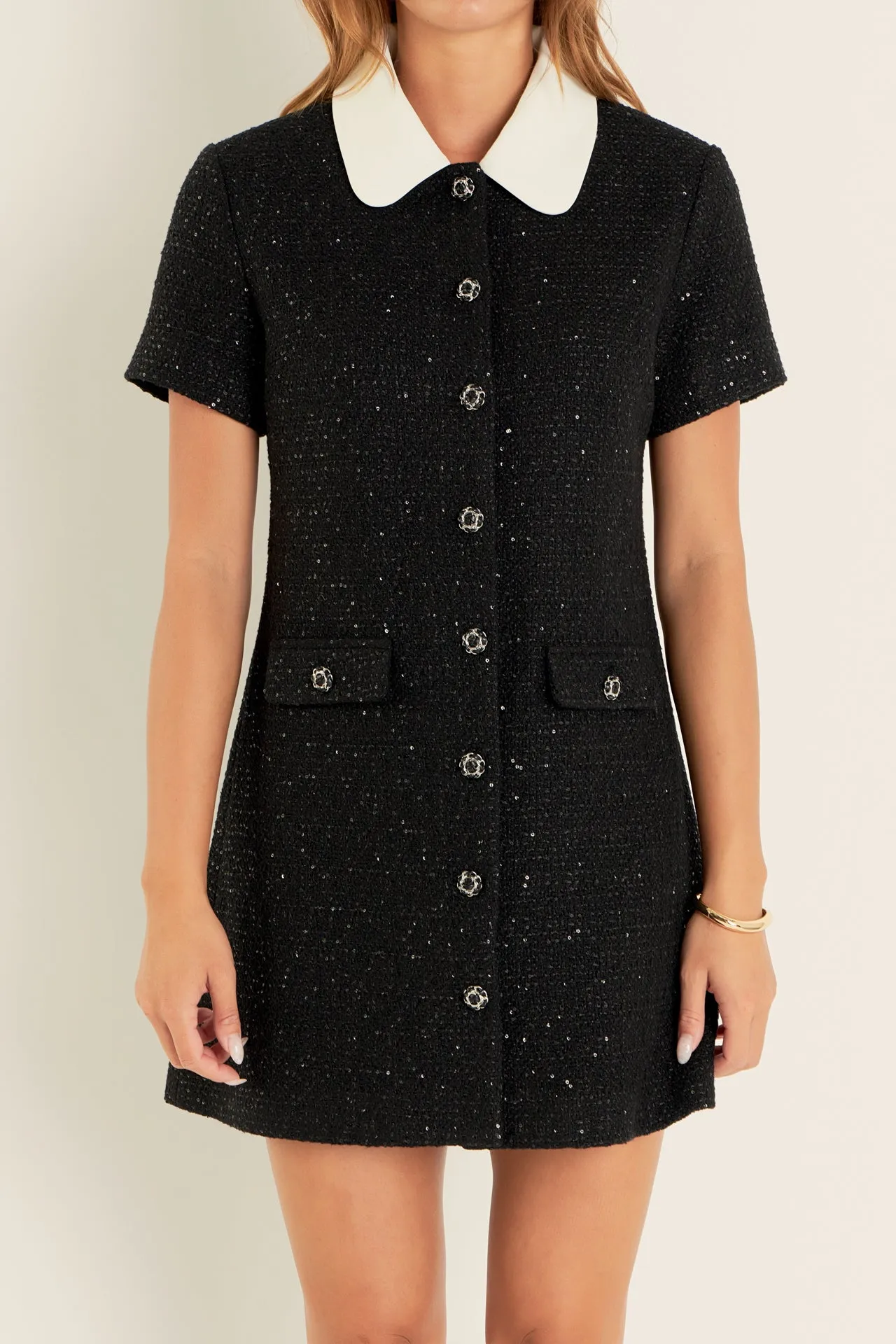 Collar Pointed Tweed Mini Dress