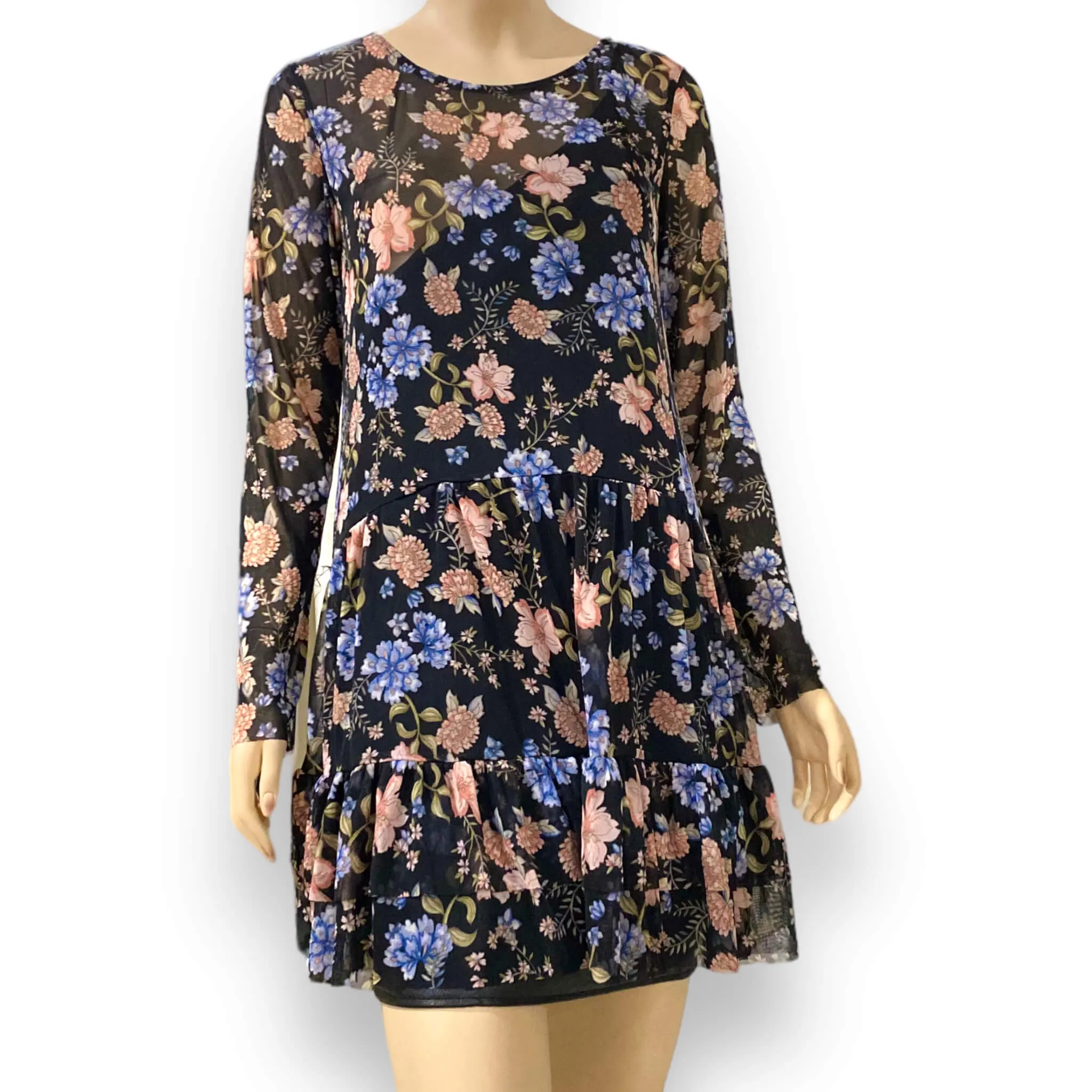Colorful Floral Ruffle Trim Long Sleeve Dress