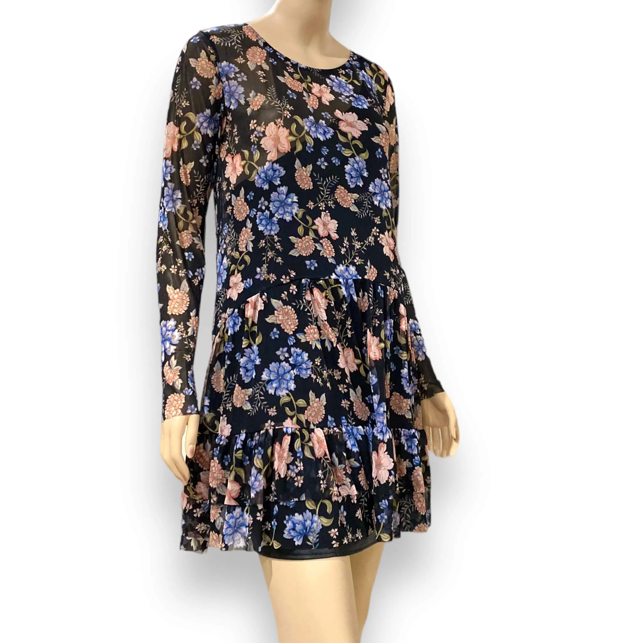 Colorful Floral Ruffle Trim Long Sleeve Dress