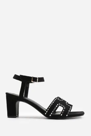 CORA LOW BLOCK HEEL WITH CUT OUT DETAILING AND DIAMANTES IN BLACK SUEDE