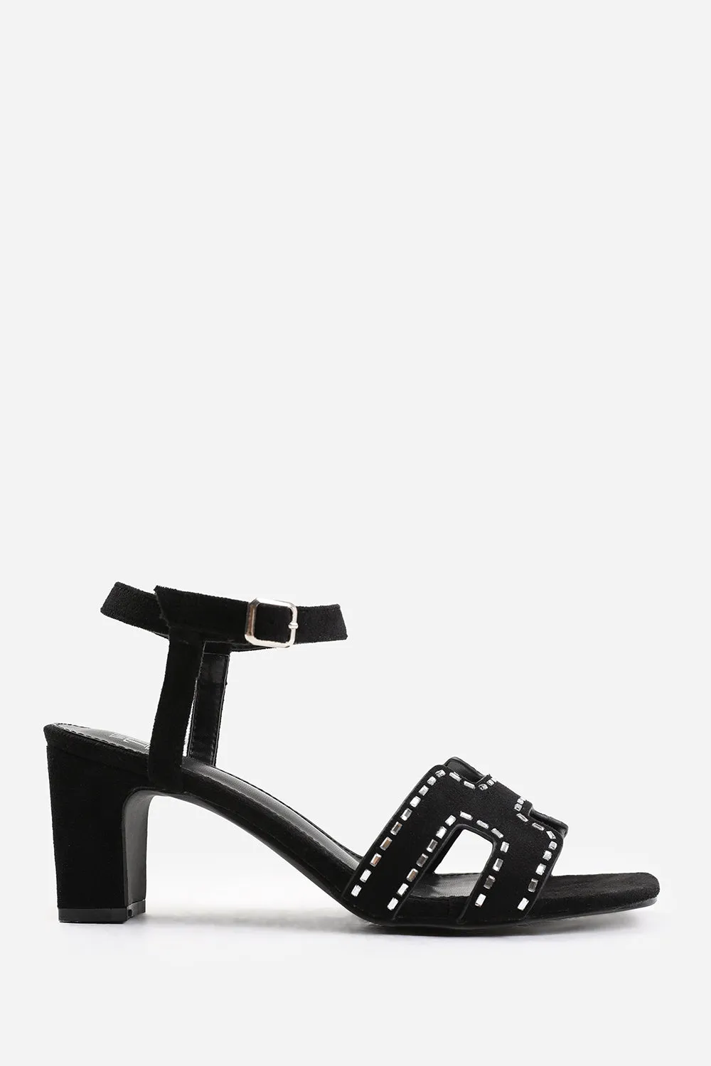 CORA LOW BLOCK HEEL WITH CUT OUT DETAILING AND DIAMANTES IN BLACK SUEDE