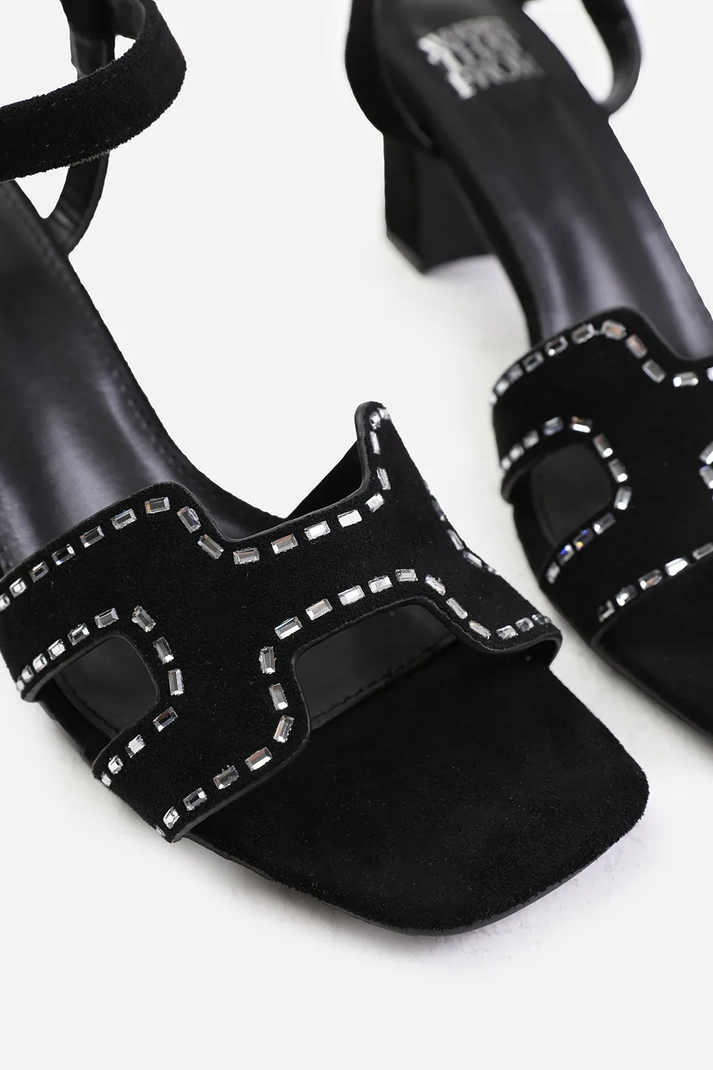 CORA LOW BLOCK HEEL WITH CUT OUT DETAILING AND DIAMANTES IN BLACK SUEDE