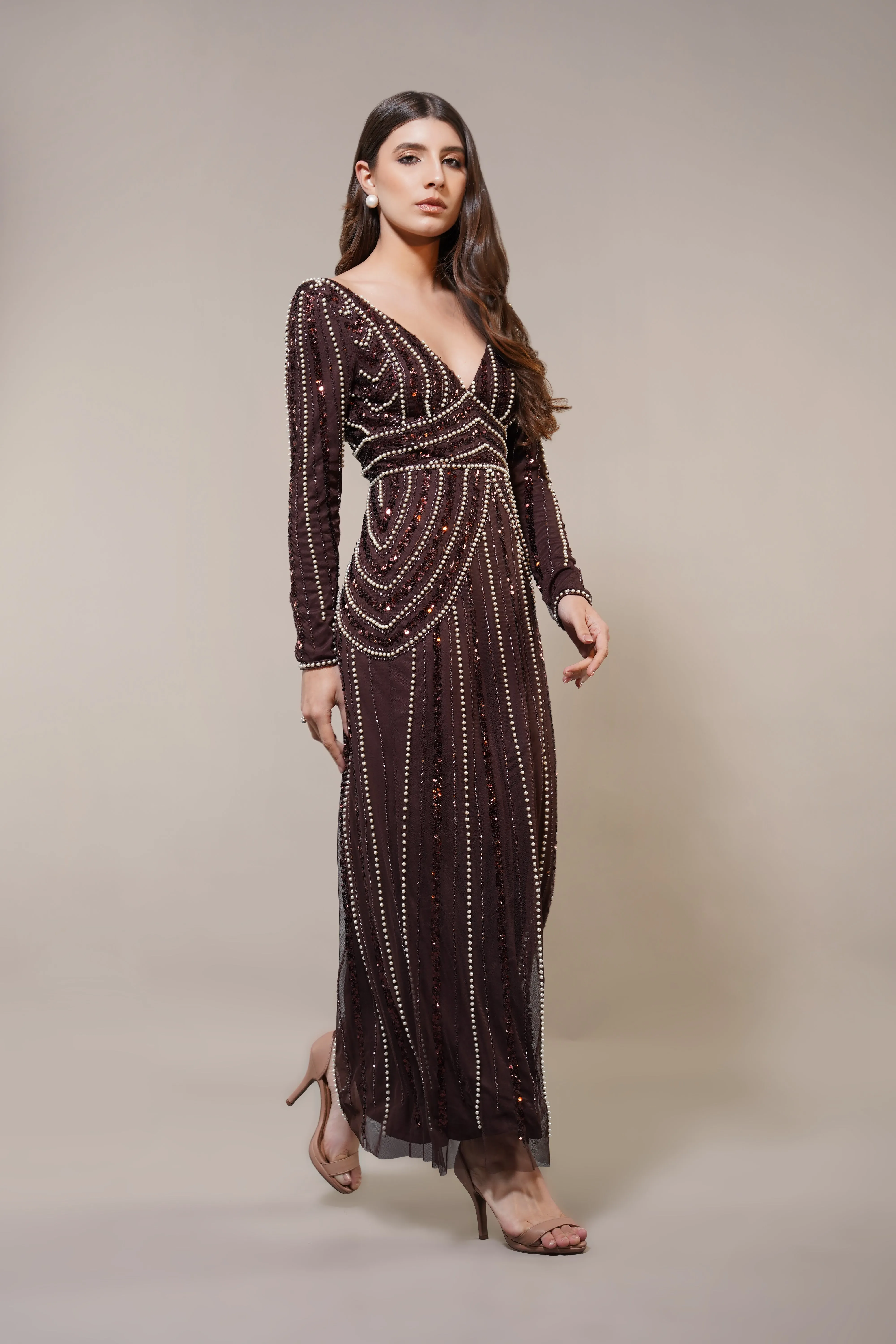 Cordelia Embellished Maxi Dress in Coffee Brown