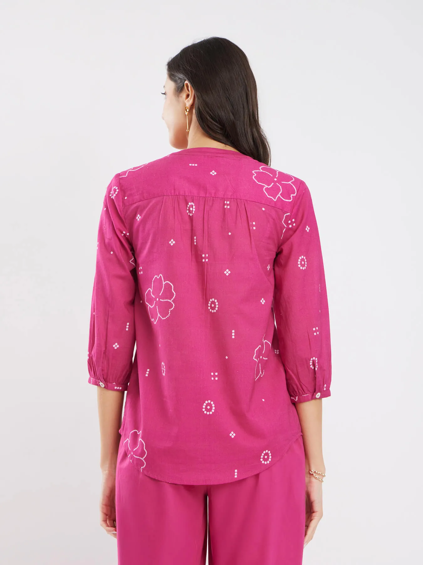 Cotton Bandhani Floral Pleated Top - Pink