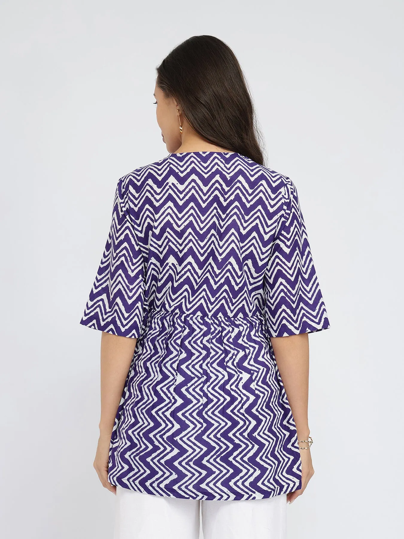Cotton Chevron Print Peplum Top - Purple & White
