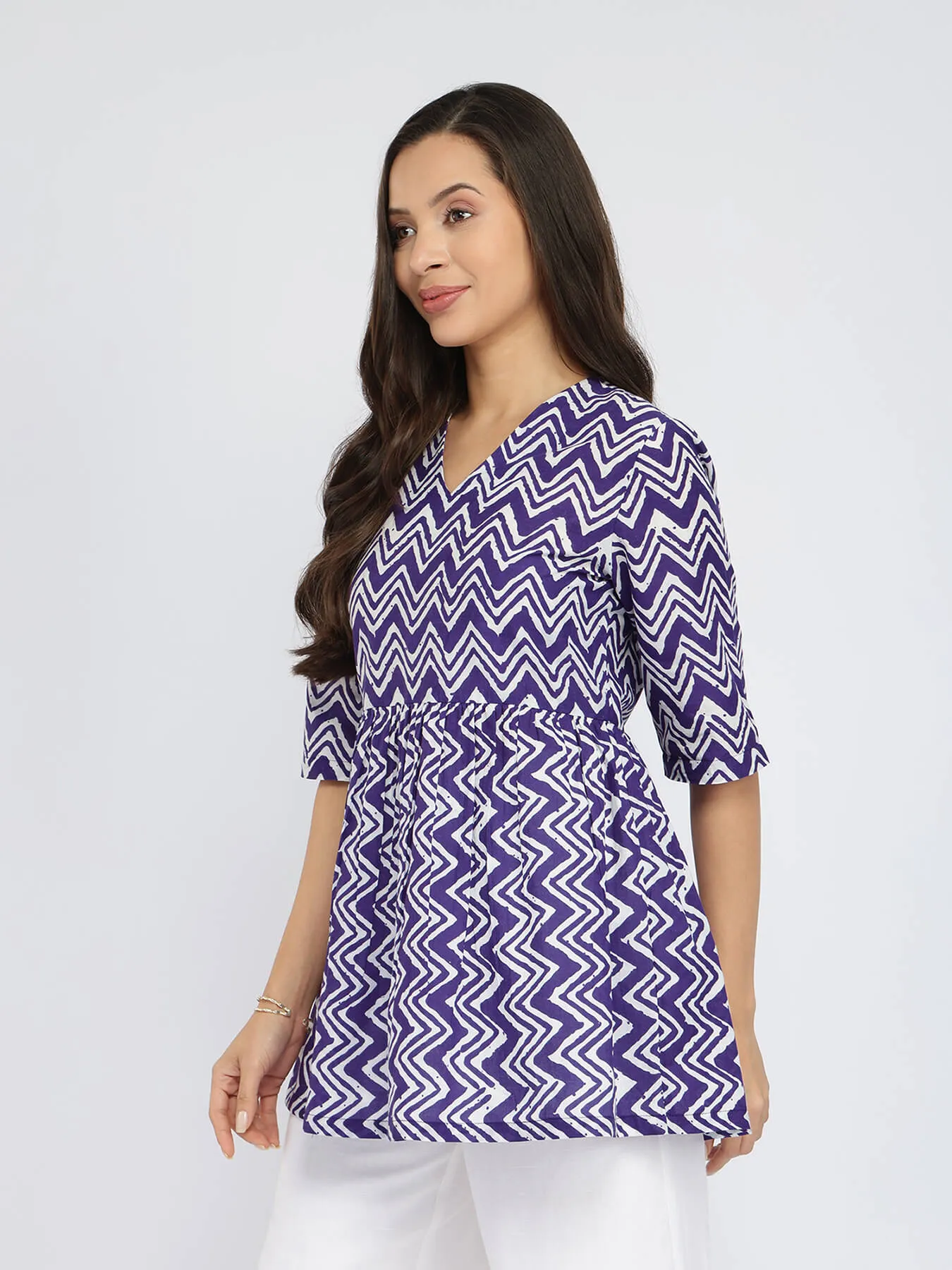 Cotton Chevron Print Peplum Top - Purple & White