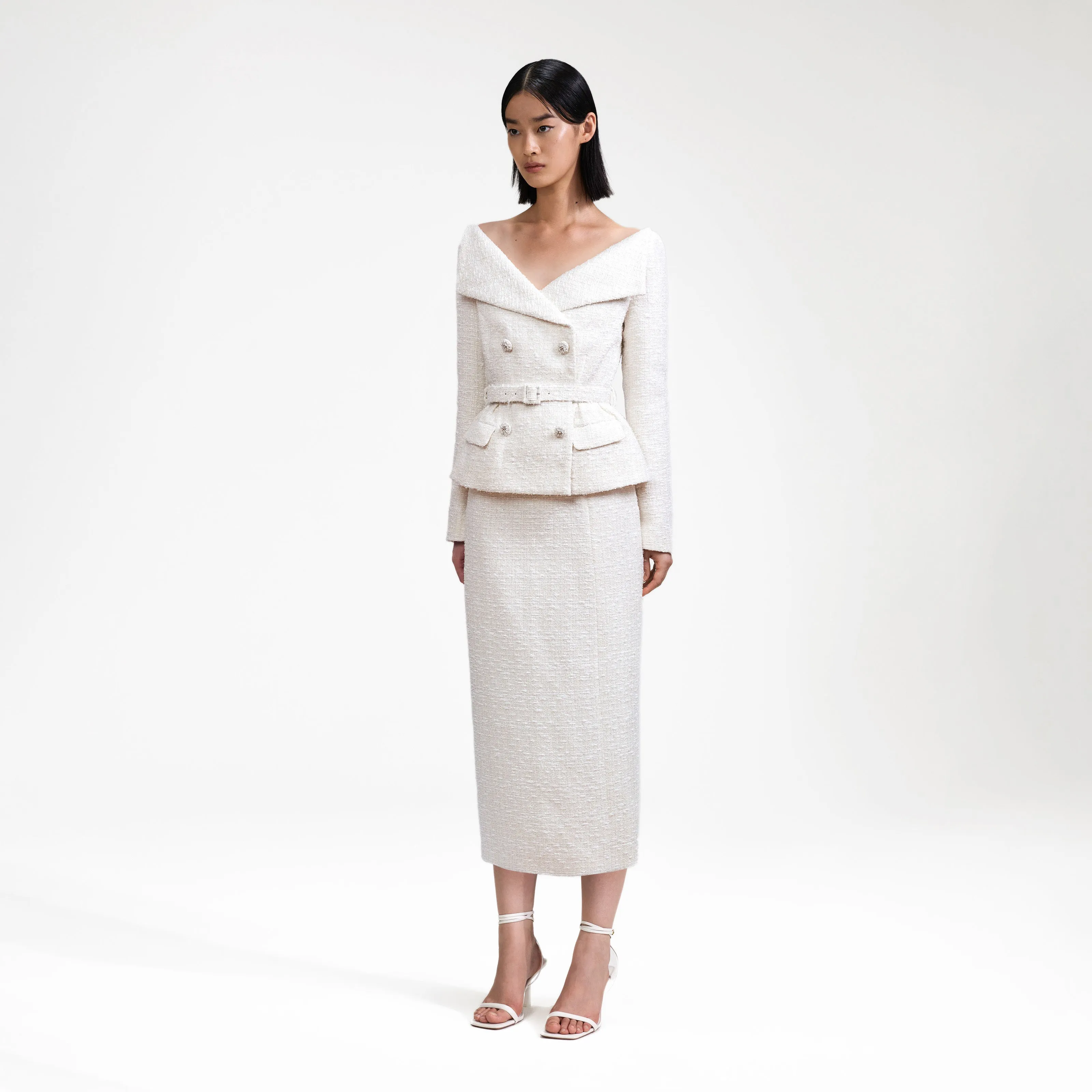 Cream Off Shoulder Boucle Midi Dress