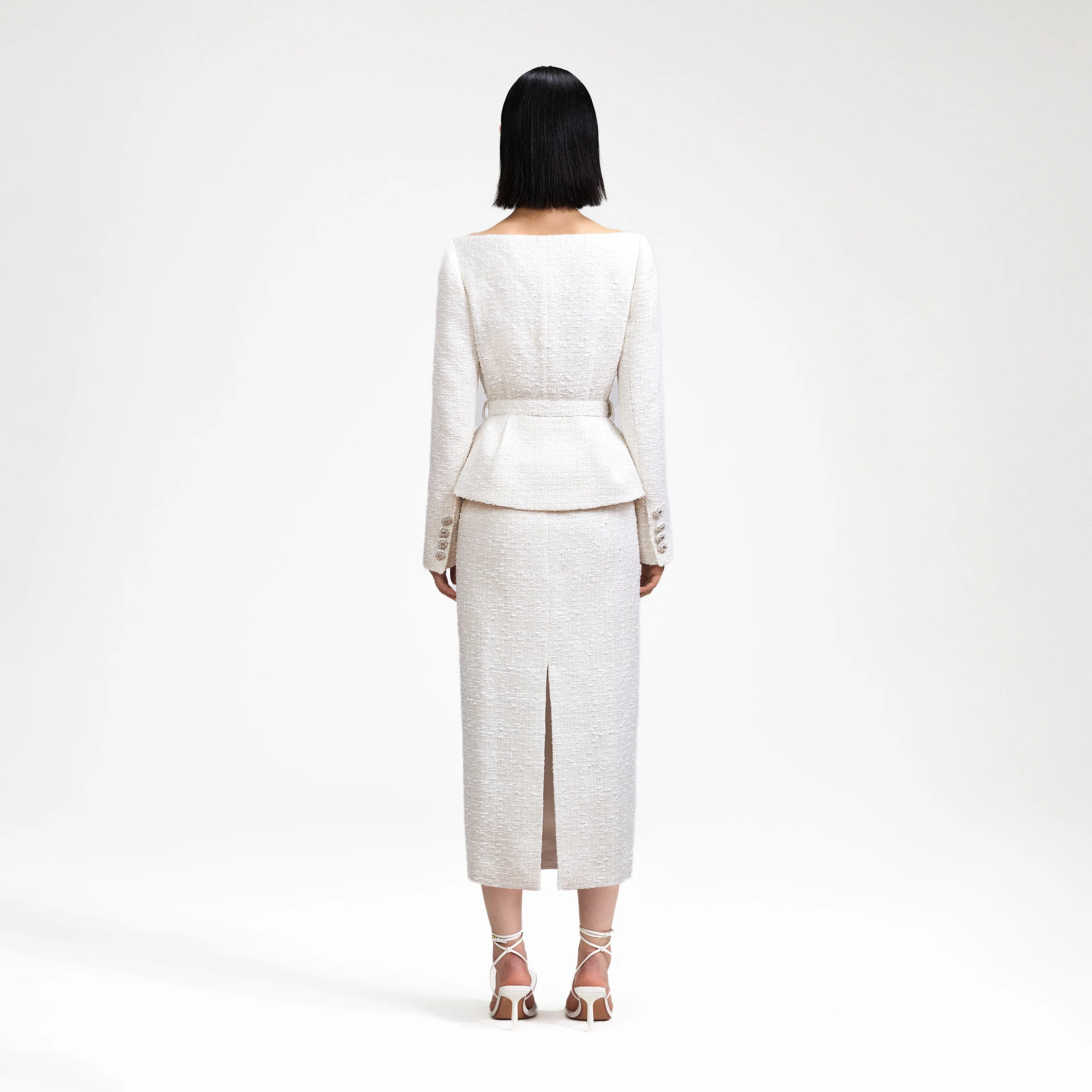 Cream Off Shoulder Boucle Midi Dress