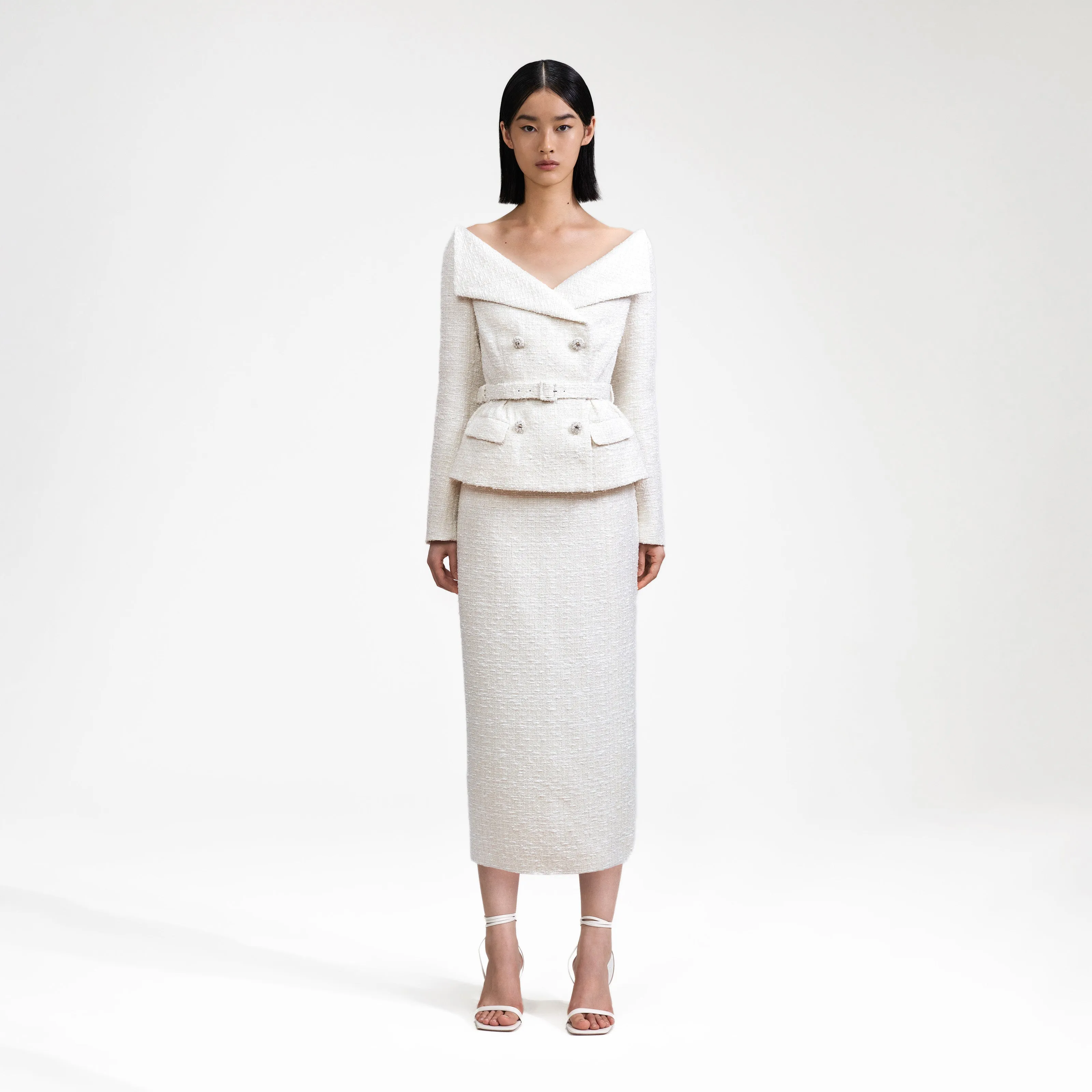 Cream Off Shoulder Boucle Midi Dress