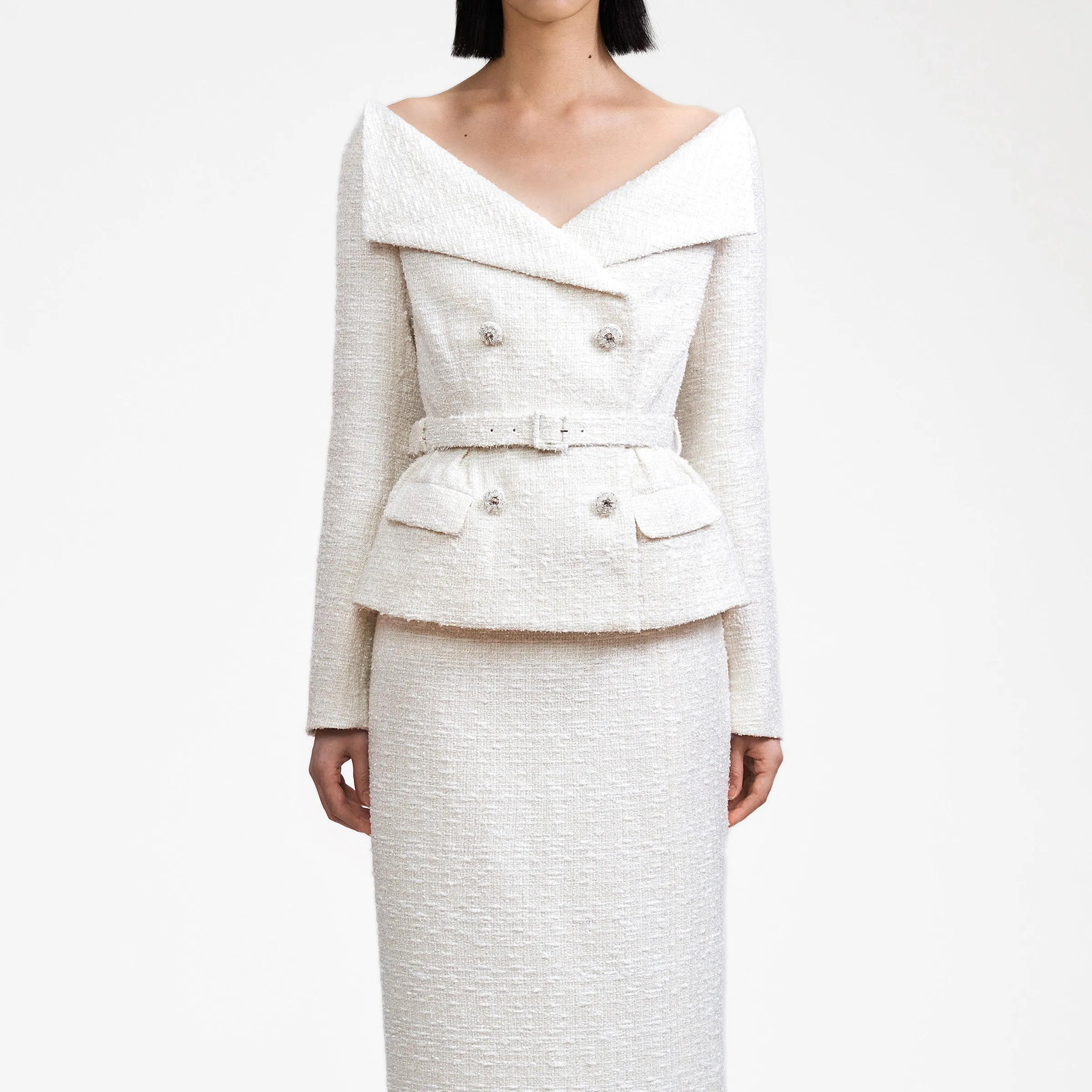 Cream Off Shoulder Boucle Midi Dress