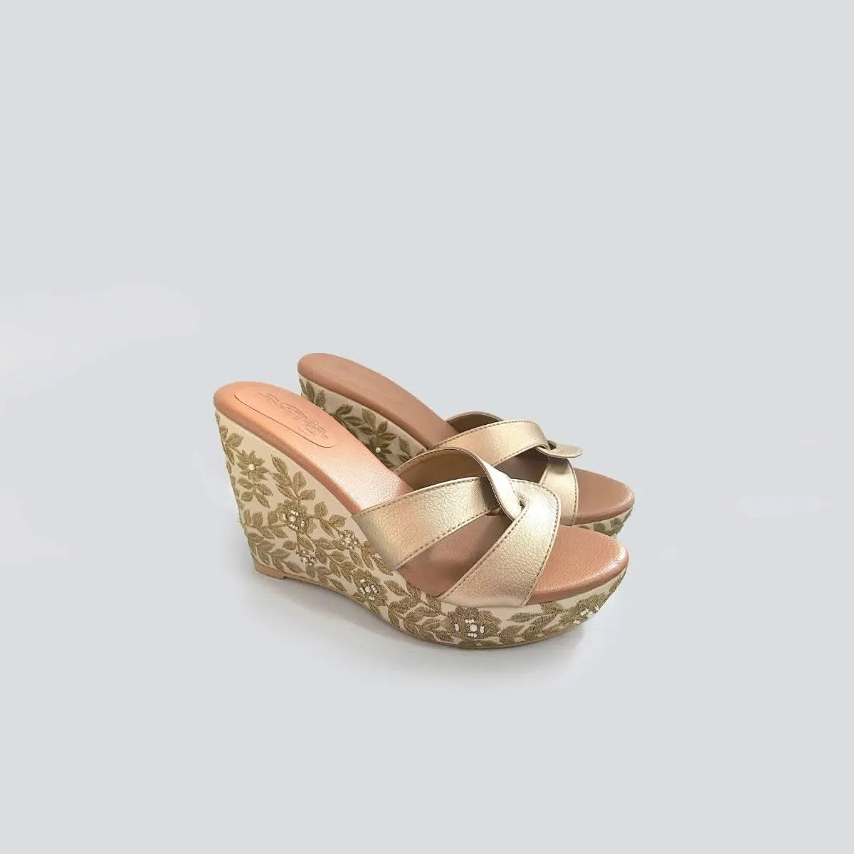 Cream Wedge Heels With Golden Zari And Beads Embroidered Floral Jaal By Sole House
