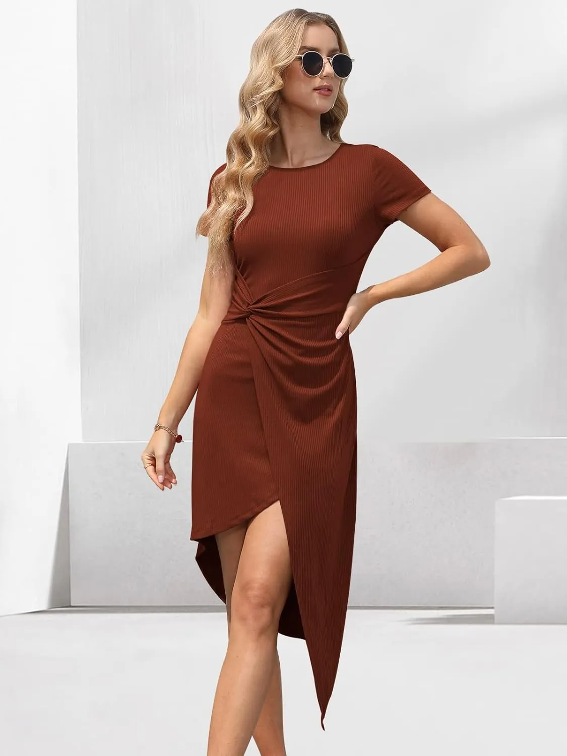 Crew Neck Sleeveless Midi Dress - Cutout Twist Knot, Knee Length Bodycon Dress