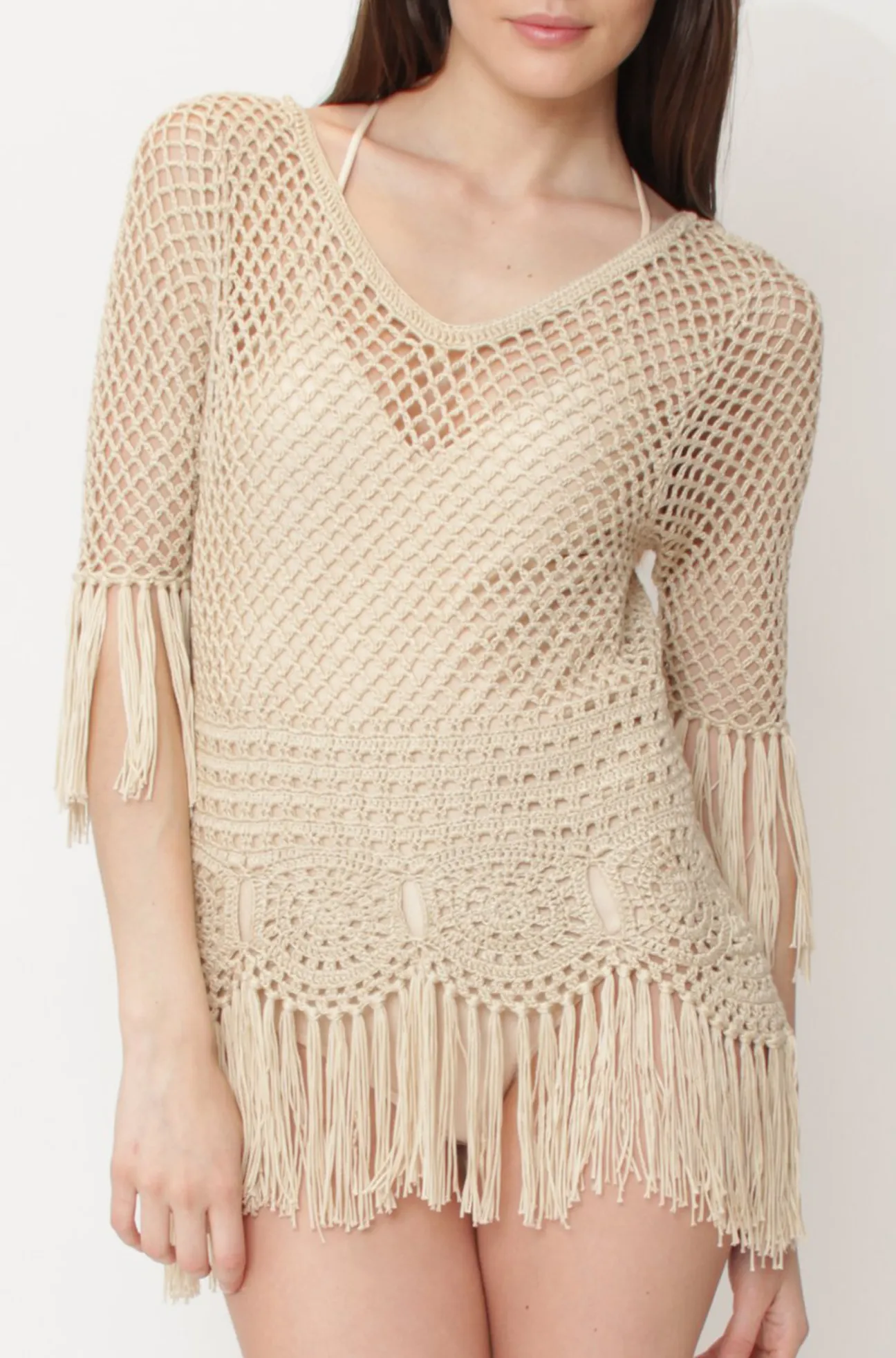 Crochet 3/4 Sleeve Fringe Tunic
