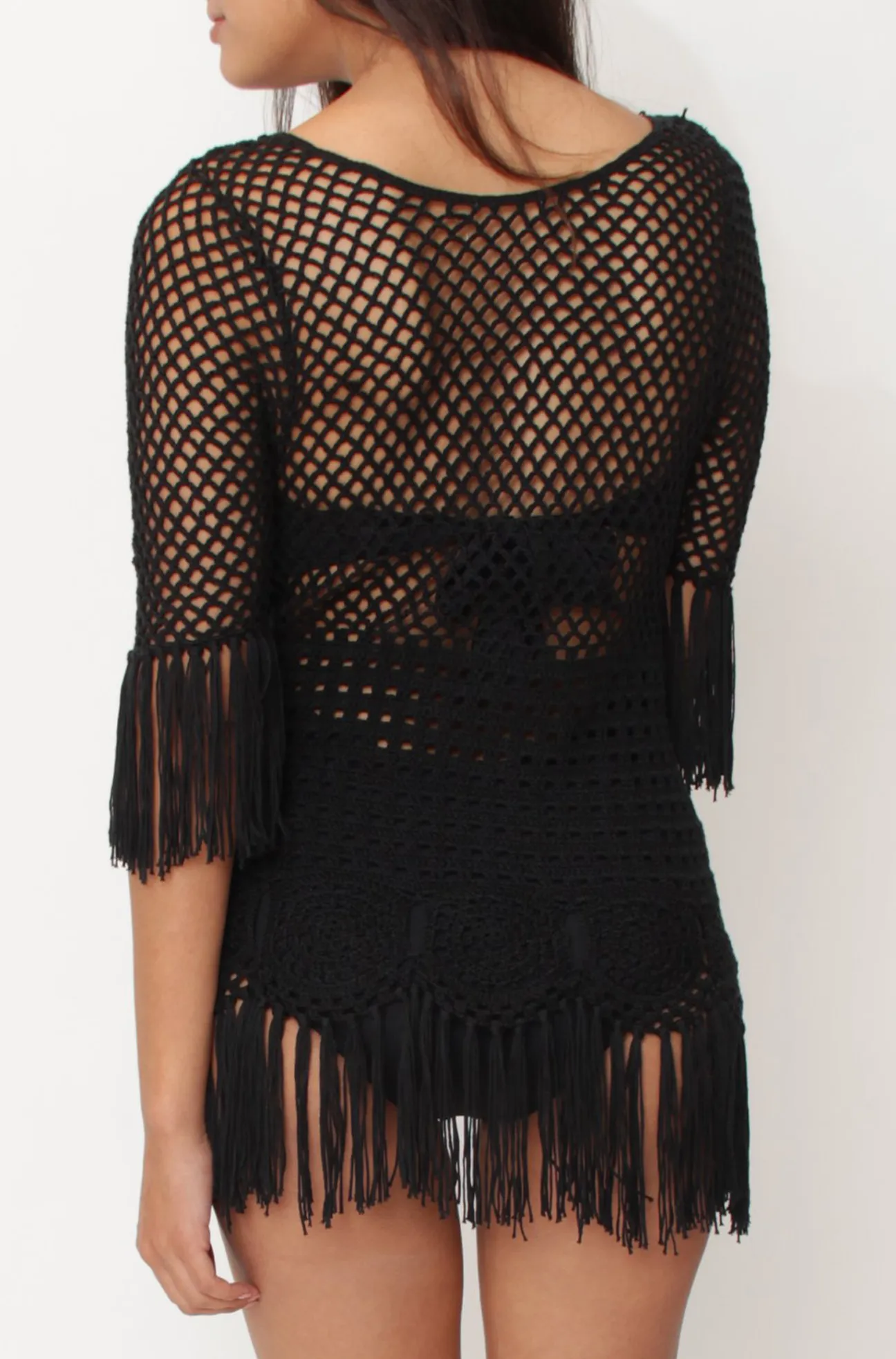 Crochet 3/4 Sleeve Fringe Tunic